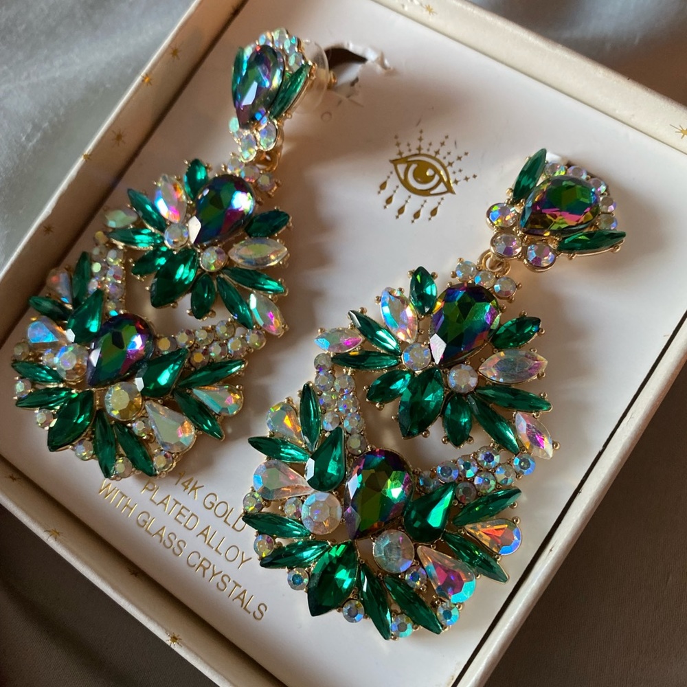 eye candy Emerald Green and Aurora Crystal Statement Drop Earrings